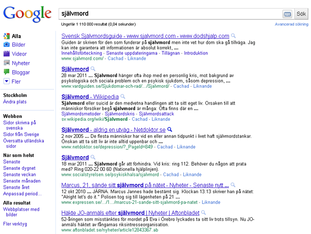 Träfflista för självmord 2011-04-18 med Google Chromes ikognitoläge Träfflista för självmord 2011-04-18 med Google Chromes ikognitoläge