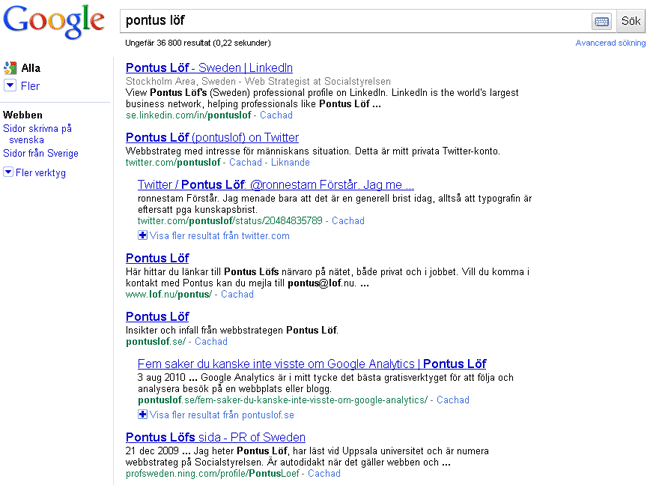 Googles träffresultat på sökfrasen "Pontus Löf"